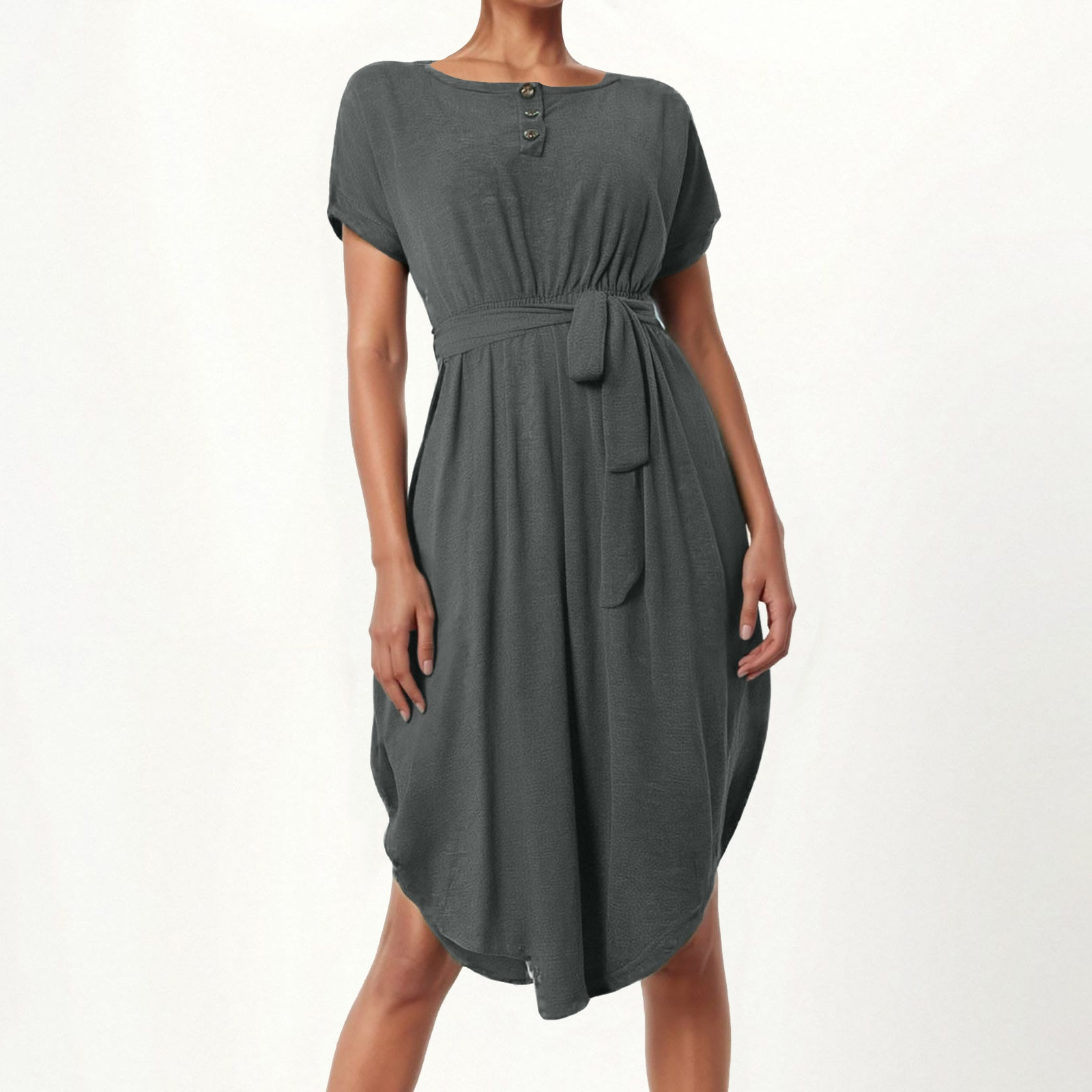 thumbnail image 2 of Vestido midi con cinturón y botones para mujer: estilo informal y fluido, tejido ligero, cinturón ajustable, apto para tres estaciones, 2 of 5